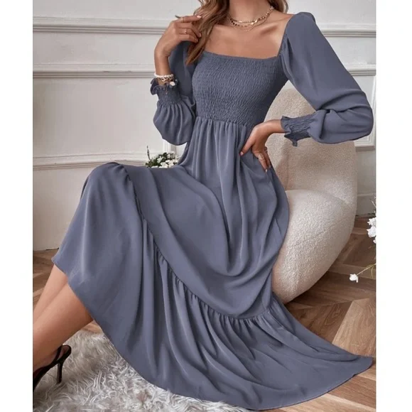 Boho Dusty Blue Shirted Ruffle Hem Flounce Sleeve Maxi Dress | Color: Blue | Size: 4 | Karaandk_Plus's Closet